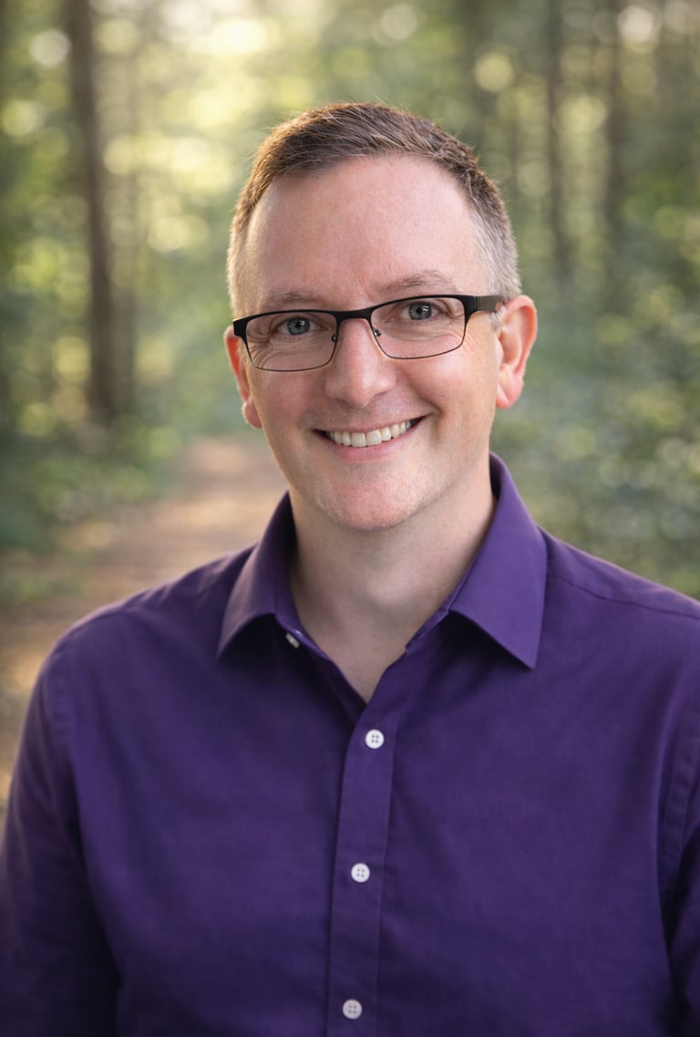 Smiling man with glasses in a purple shirt posing for a professional headshot in a forest.
