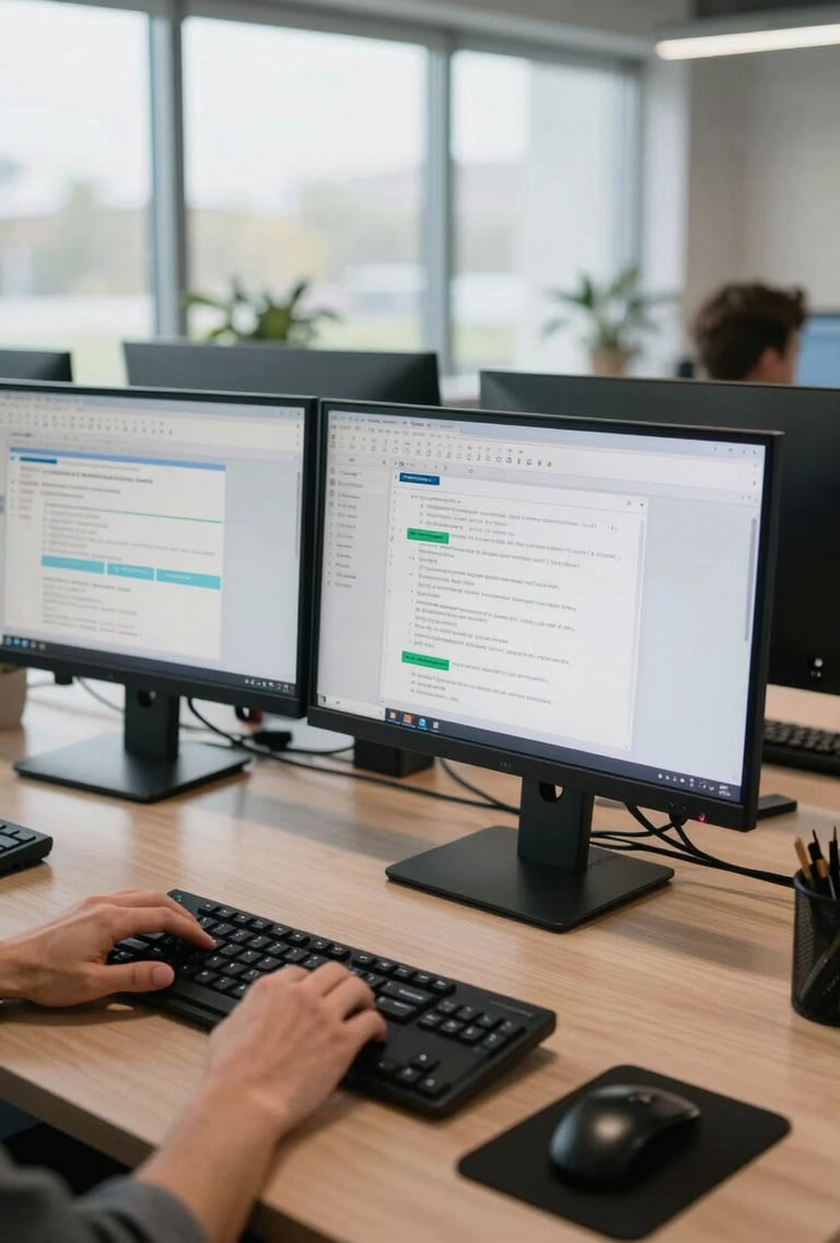 Wide shot of a modern office workspace, multiple monitors displaying workflow diagrams and CRM interfaces, hands resting on keyboard in foreground, even daylight from large windows, systems in active use