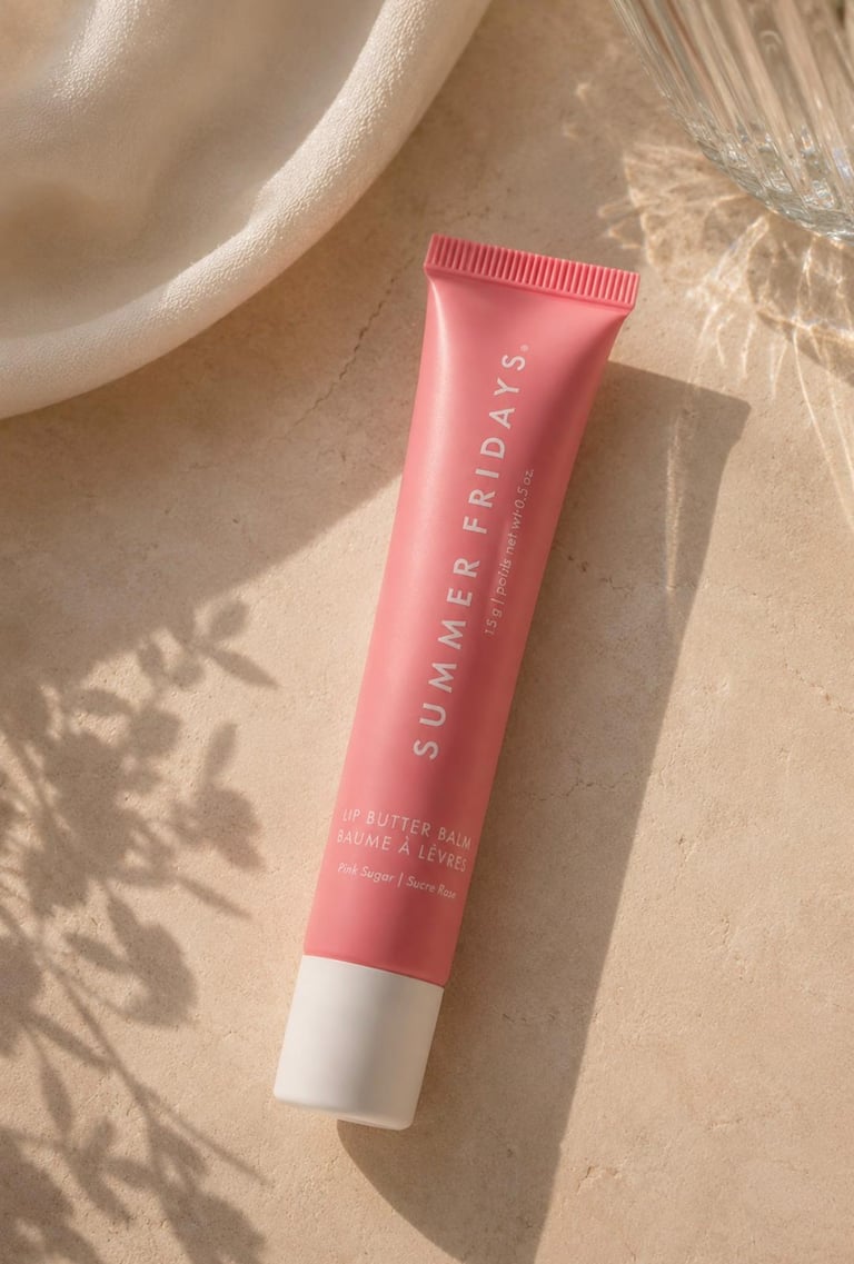 Summer Fridays Lip Butter Balm Pink Sugar on a beige stone surface