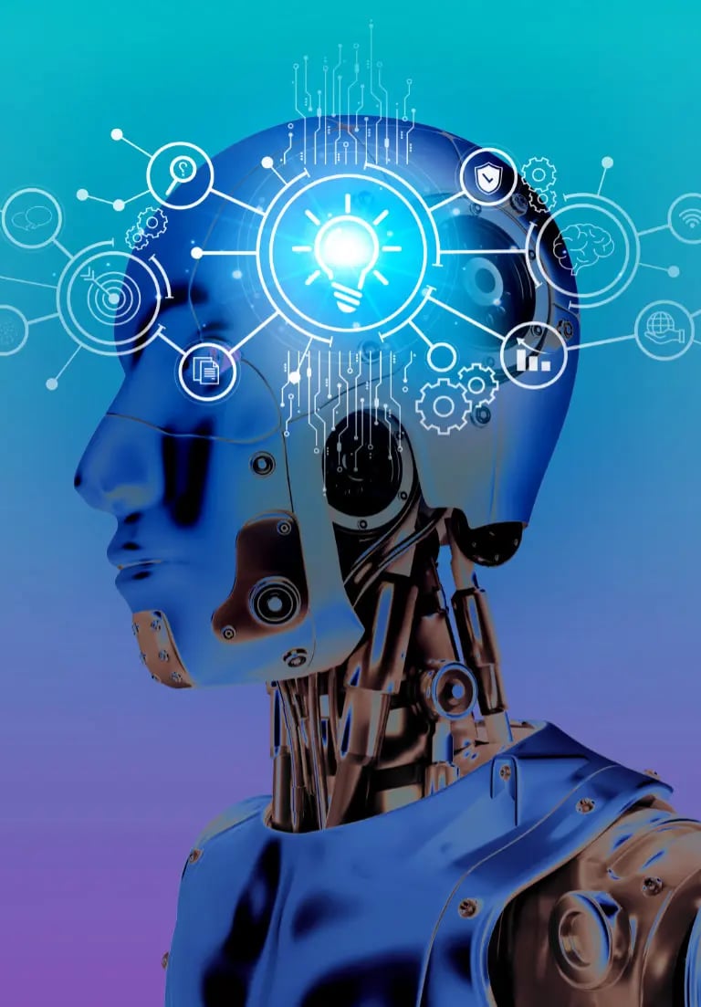 En blåaktig AI-robot har vita symboler över huvudet bla en glödlampa.