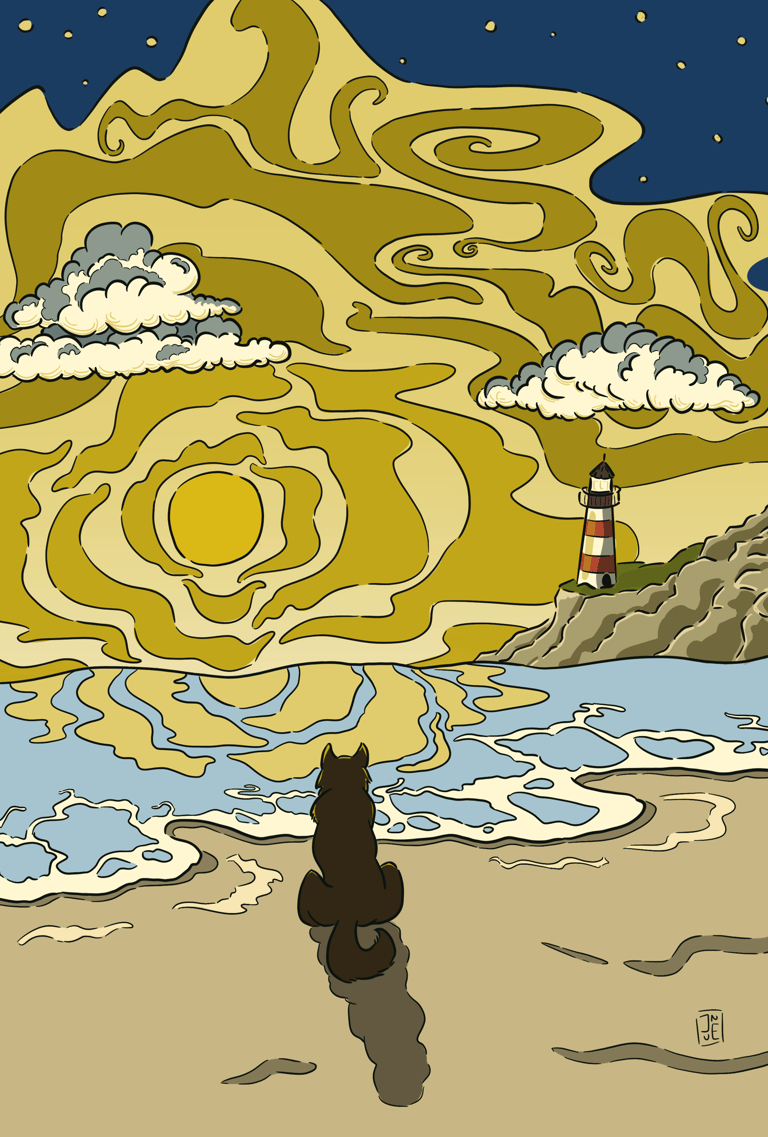 Chien loup observant un couché de soleil sur une plage bretonne