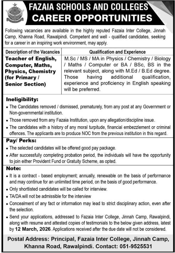 azaia Schools and Colleges Jobs 2026 Rawalpindi teaching vacancies for English, Physics, Chemistry,