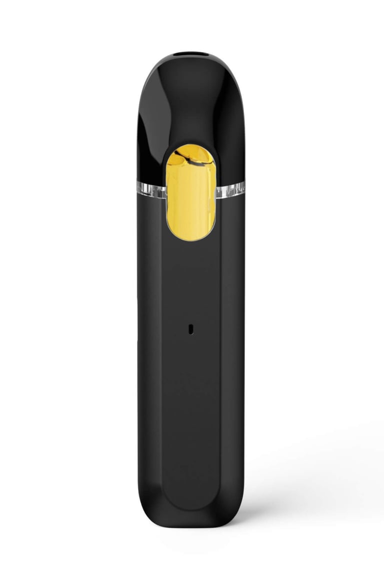 Sleek black disposable vape pen with gold oil viewing window isolated on a white background.