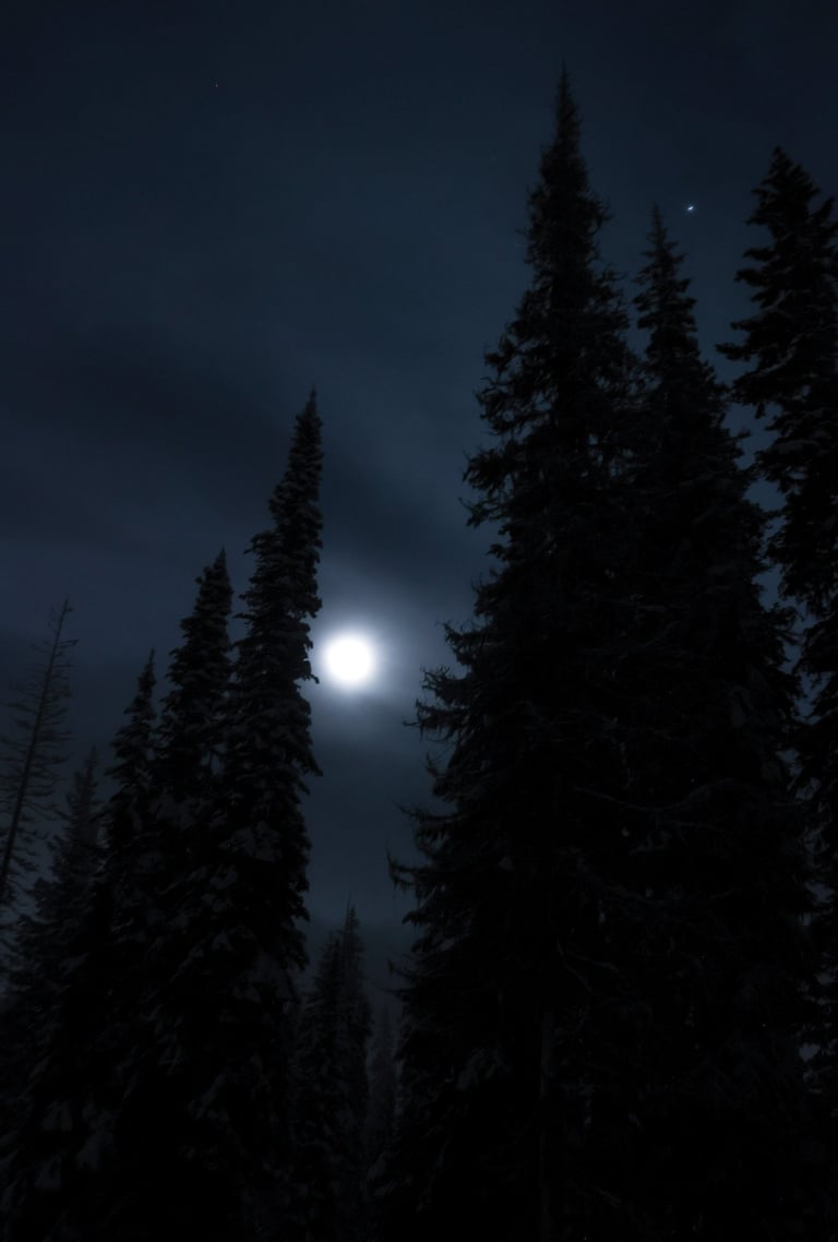 A full moon shining behind clouds above tall spruce trees at night.