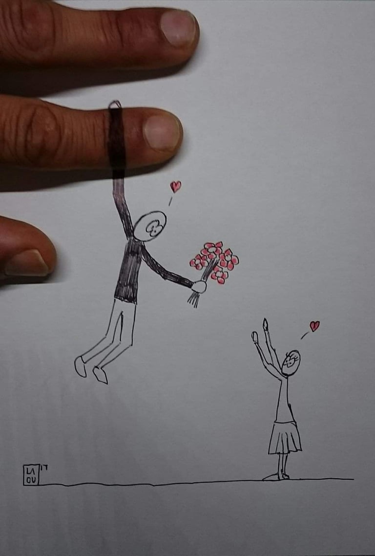 a drawing of a man holding a bouquet of flowers