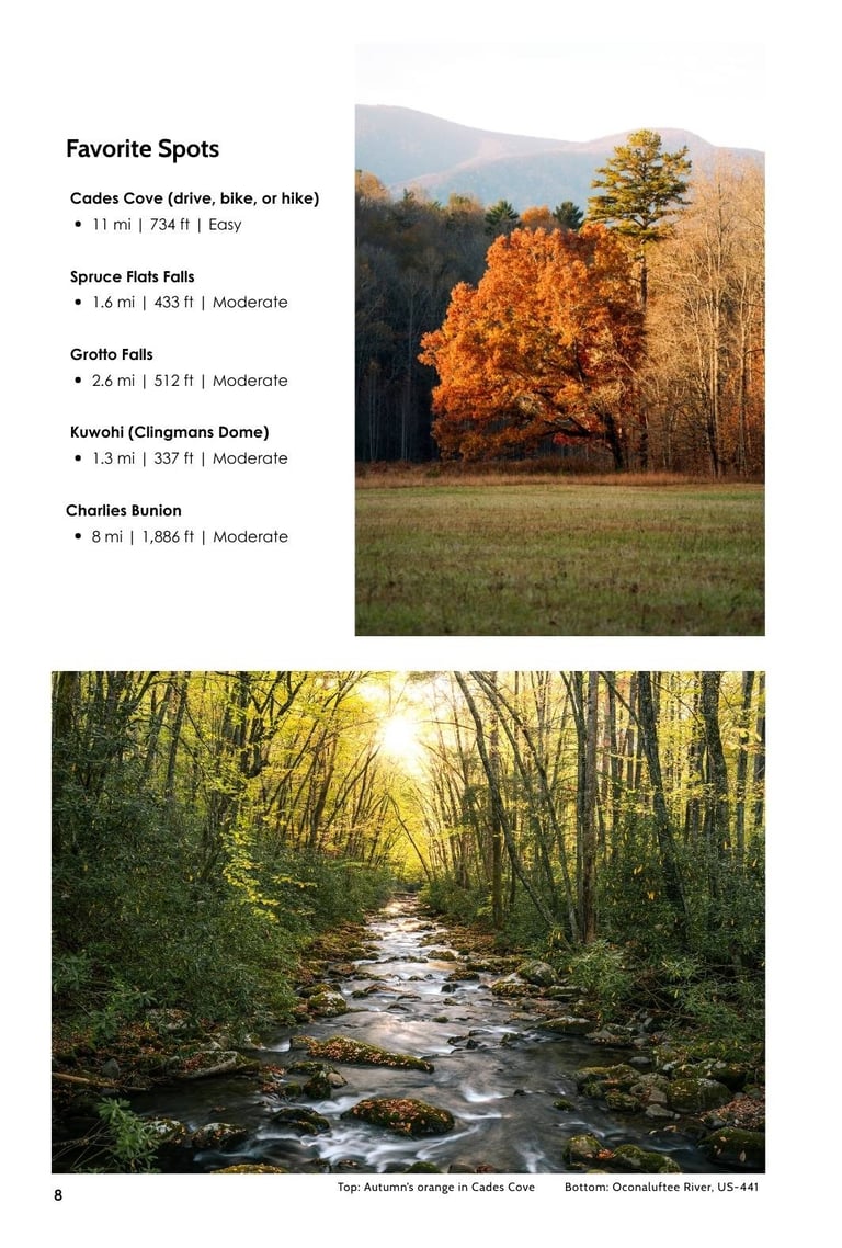 Great Smoky Mountains hiking guide featuring fall foliage at Cades Cove and Oconaluftee River.
