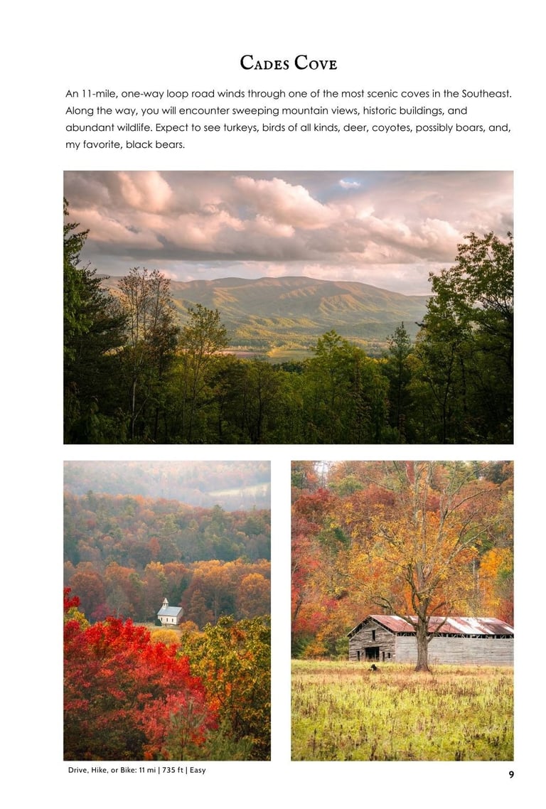 Scenic views of Cades Cove in Great Smoky Mountains National Park featuring historic buildings and autumn foliage.