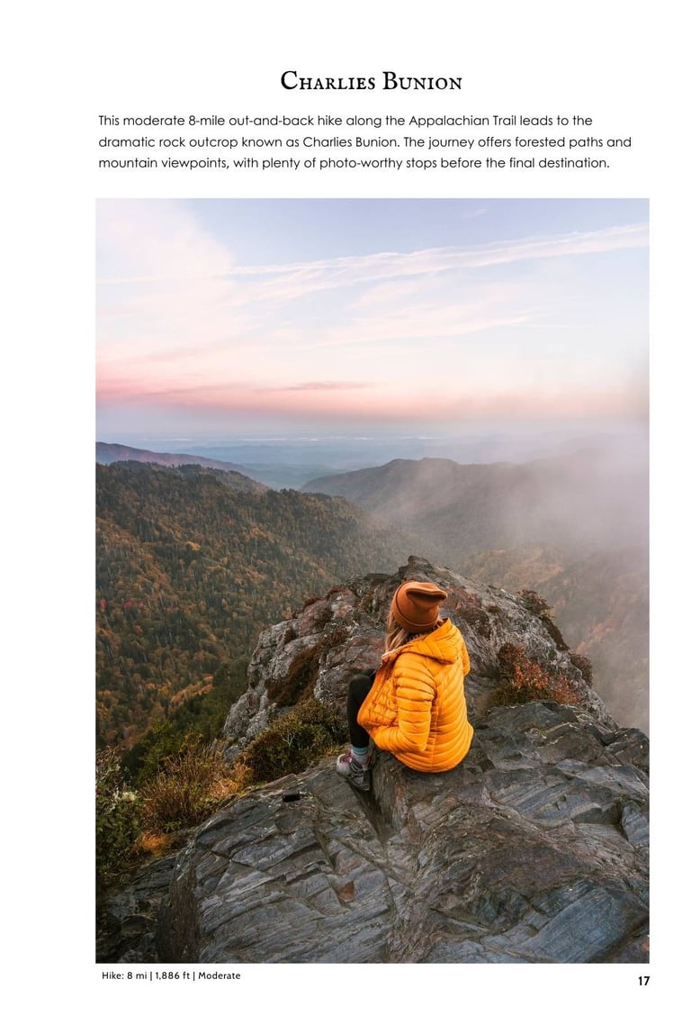 A hiker sitting on the Charlies Bunion rock outcrop overlooking the Great Smoky Mountains at sunset.