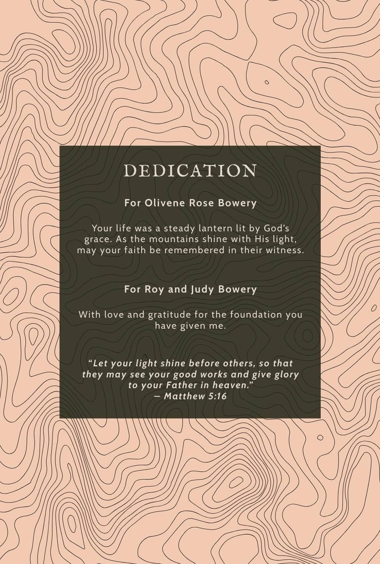 Elegant book dedication page with Matthew 5:16 scripture and a topographic map background.