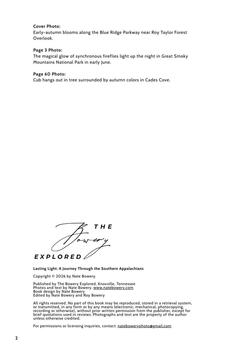 The Bowery Explored book credits page featuring copyright and photography licensing information.