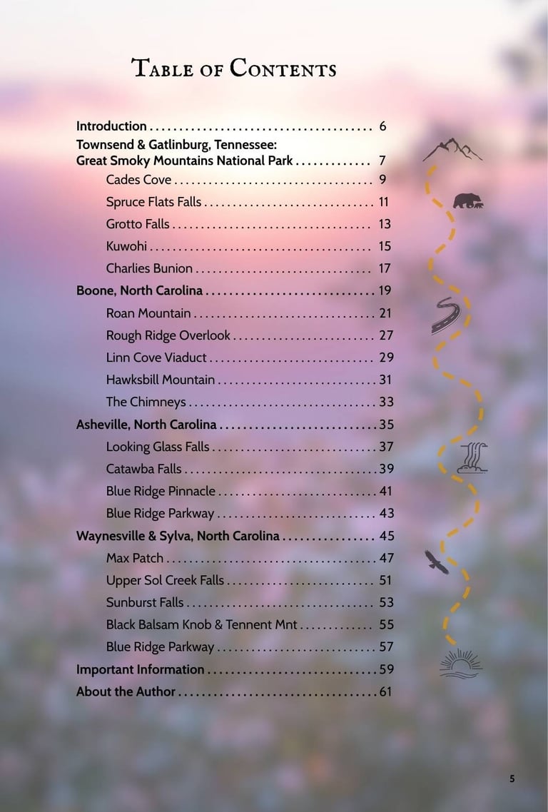 Table of contents page for a Great Smoky Mountains and Blue Ridge Parkway travel guide book.
