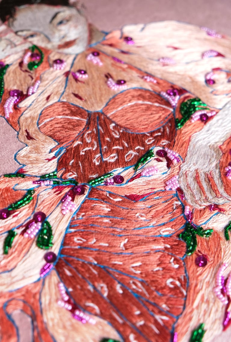Details full of beads and sequins of embroidery of a fashion illustration with a women in pink dress