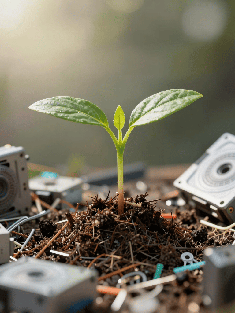 A symbolic photograph of a small green plant sprout growing out of a bed of discarded computer components, under bright morning sunlight, highlighting environmental hope.