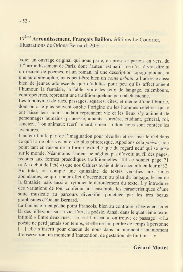 Article Gérard Mottet 17ème Arr. François Baillon Les Cahiers de la rue Ventura