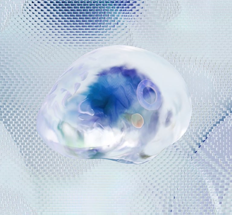 a clear glass ball with a blue and white background