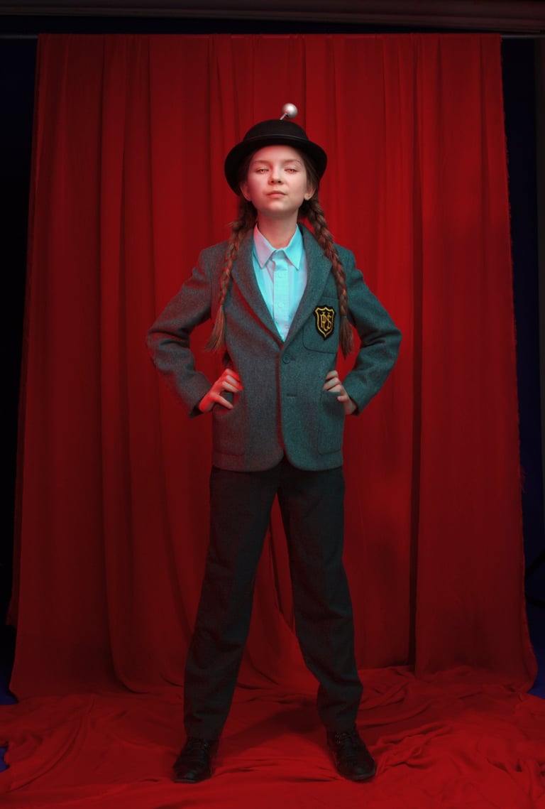 a young girl in a suit and hat