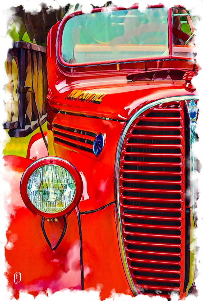 Digital painting of part of the front of a red truck