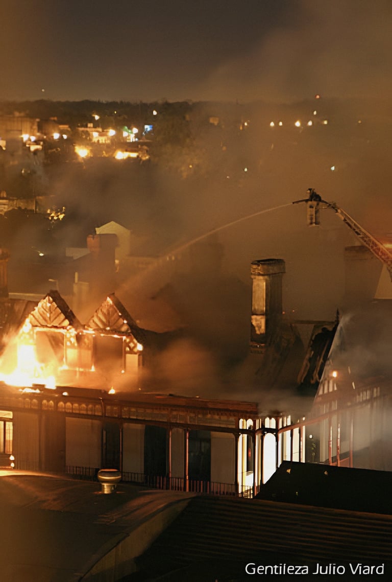 Incendio de la Mansión Sansinena Temperley y bomberos trabajando | Foto: Julio Viard