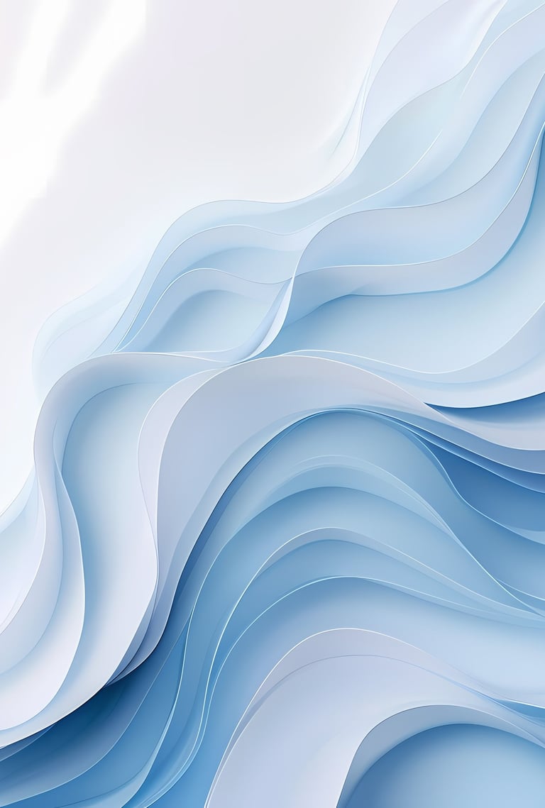 Illustration abstraite en couches fluides et superposées de dégradés bleus et blancs.