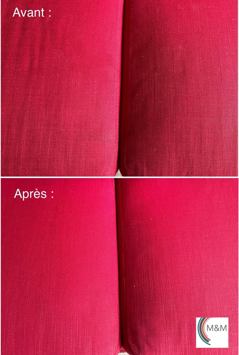 Nettoyage en profondeur assise de canapé rouge avec shampouineuse m&m services pro rouen