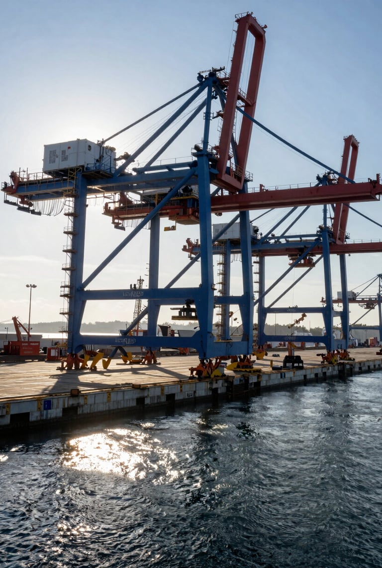 Extreme wide-angle shot of a massive deep-water port terminal under construction, sharp morning light casting long structural shadows on steel frames.