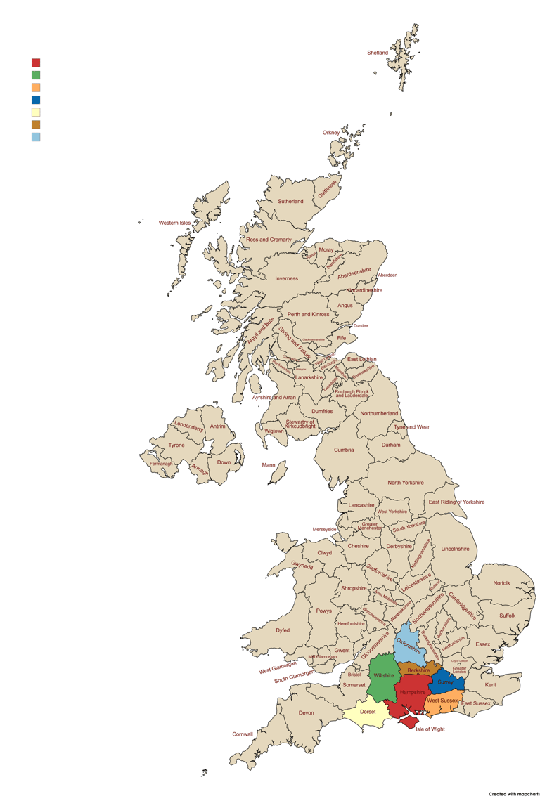 A map of the UK showing where Hydro Leisure Plus works from their base in Hampshire