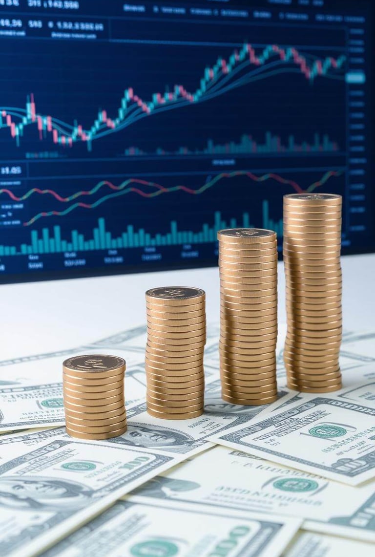 stacks of coins and stacks of coins on a desk