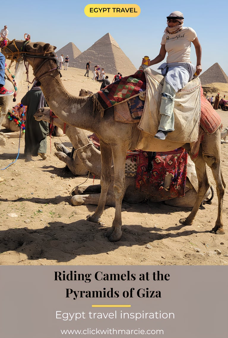 Pinterest travel pin featuring a woman riding a camel at the Pyramids of Giza by Click With Marcie