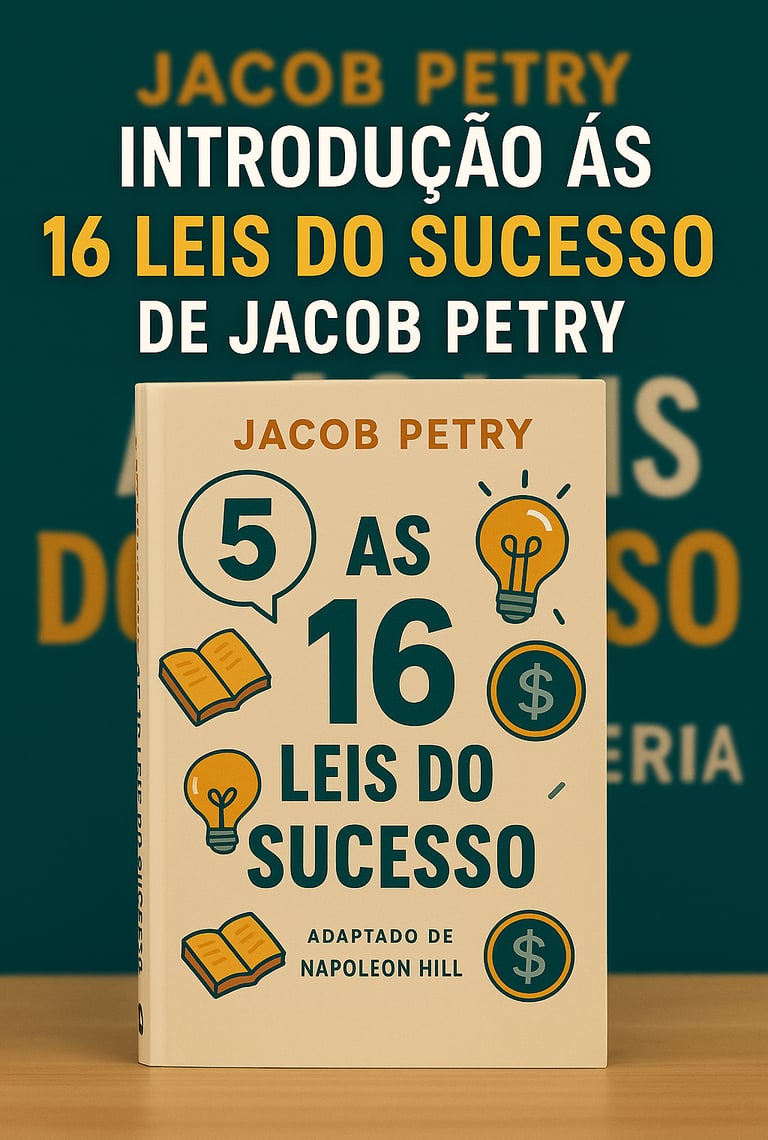 Imagem digital em estilo 2D mostrando o livro "As 16 Leis do Sucesso" de Jacob Petry centralizado so