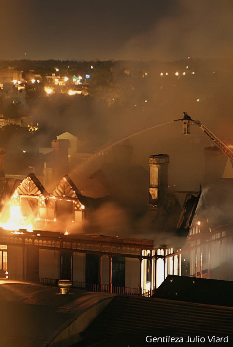 Incendio de la Mansión Sansinena Temperley y bomberos trabajando | Foto: Julio Viard