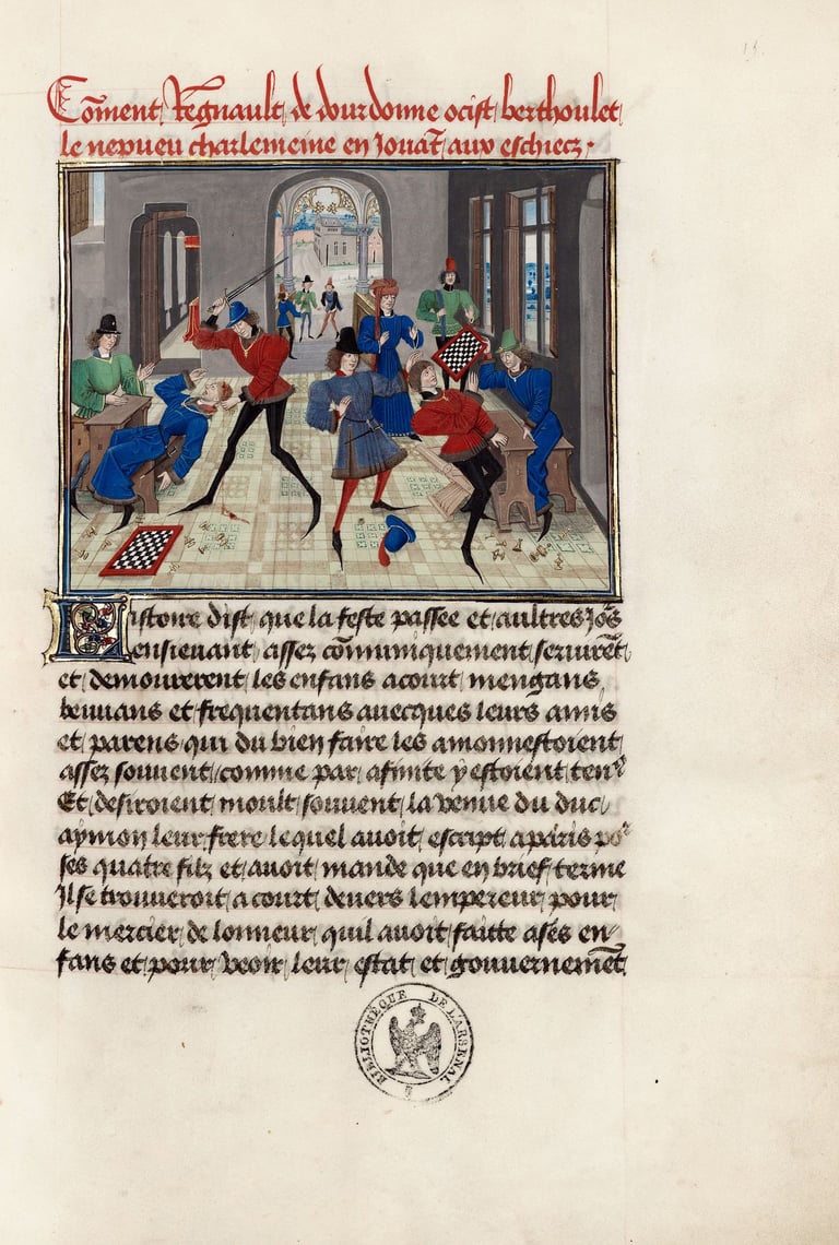 une page de manuscrit enluminée montrant des noble jouer aux échecs