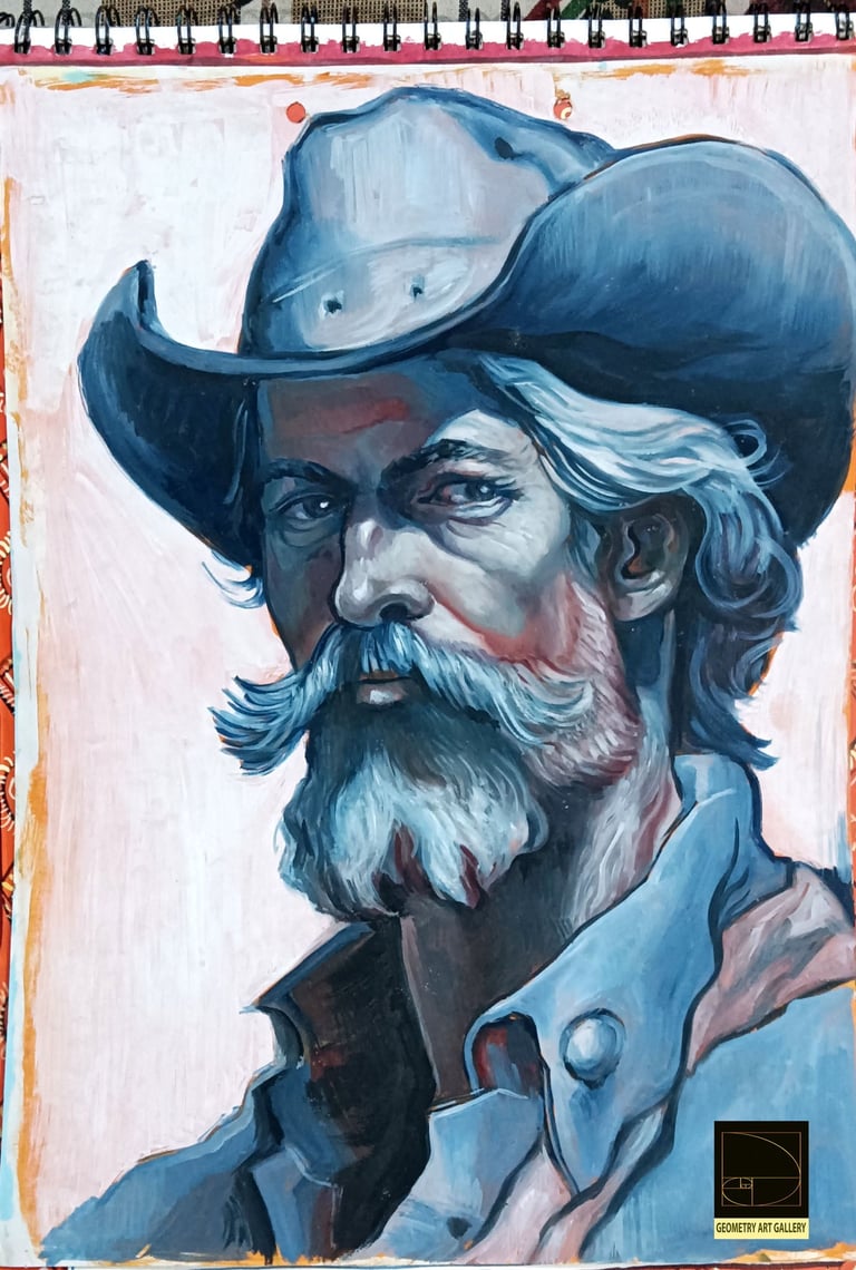 portrait painting of human art with stylized hat made with oil paints