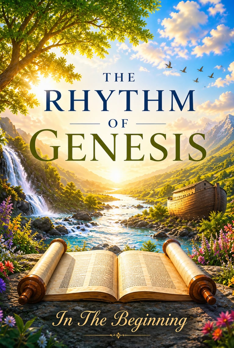 Devotional image for The Rhythm of Genesis with a sunrise valley, waterfall, scroll, and ark”