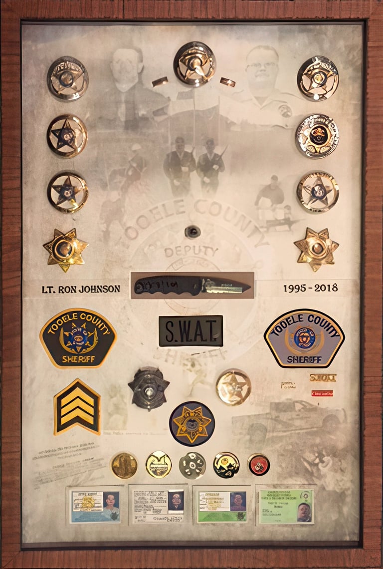Shadow box honoring Lt. Ron Johnson featuring Tooele County Sheriff badges, SWAT patches, and medals.