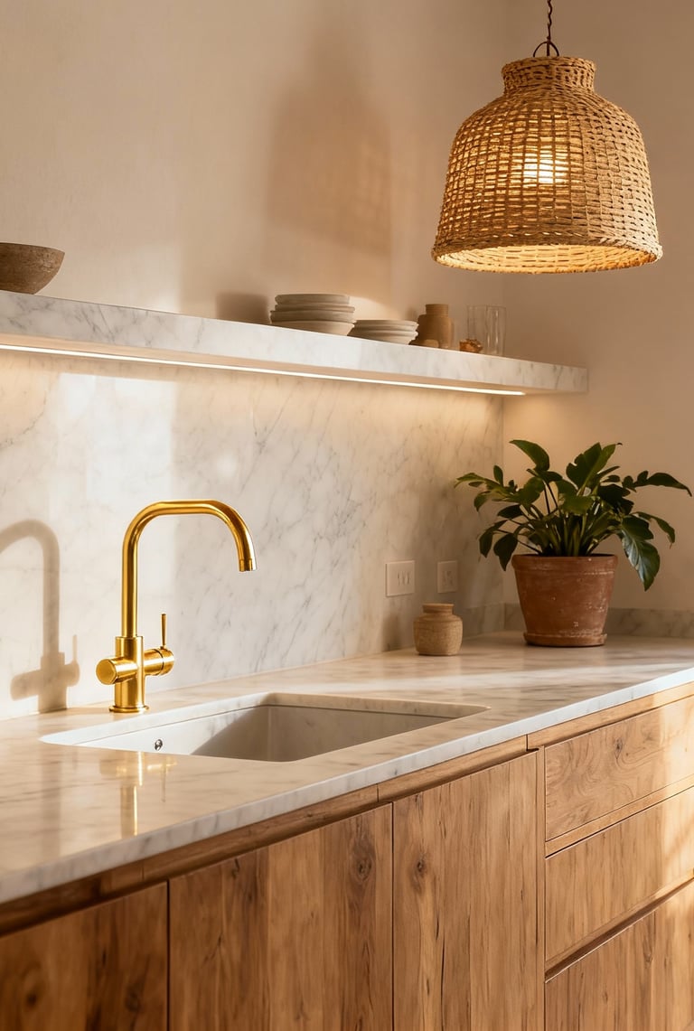 Cocina moderna a medida con isla en acabado mármol blanco