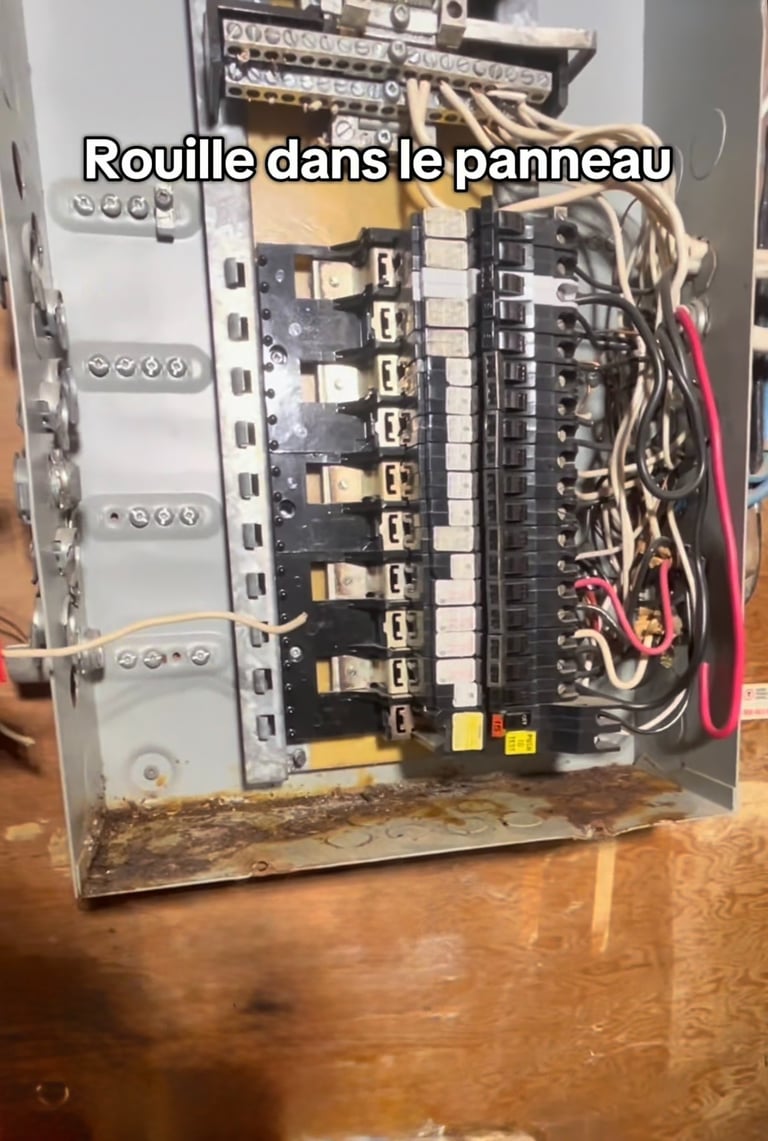 Vieux panneau électrique avec de la rouille qui doit être remplacé.