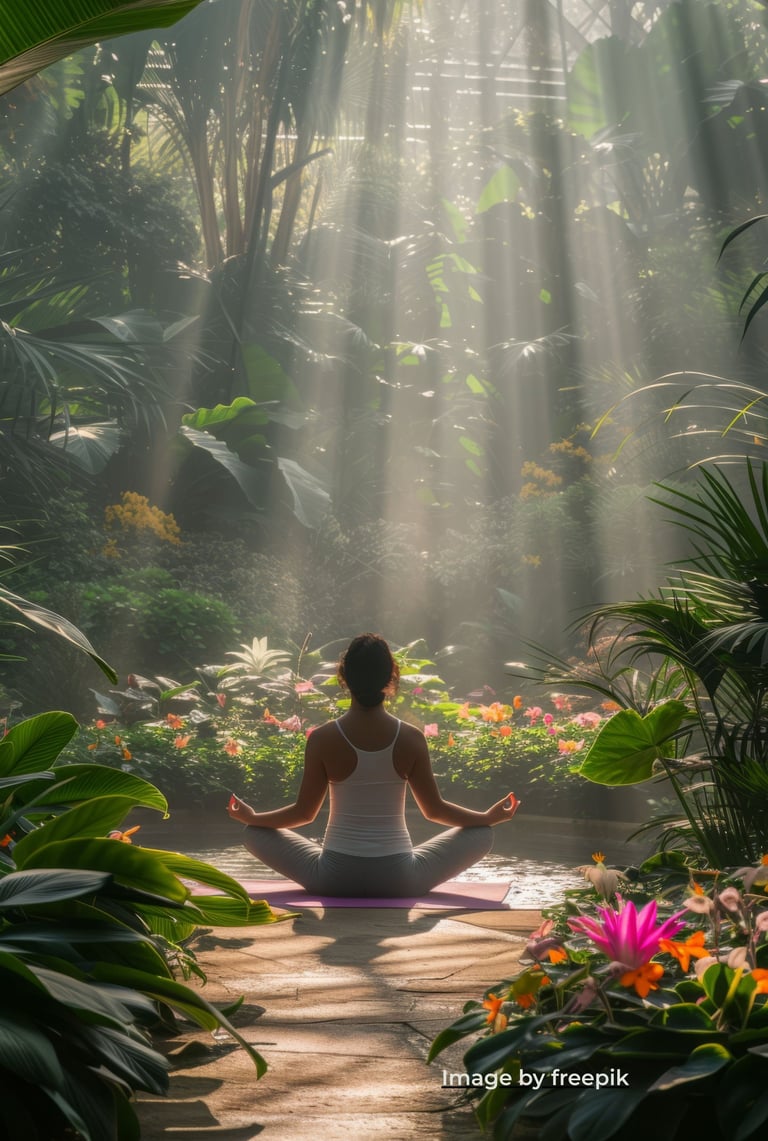 a woman sitting in a garden with sun rays coming through the trees in nature therapy