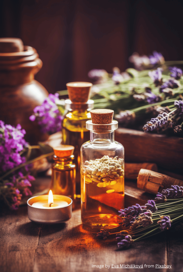 a bottle of essential oils with lavender flowers which is use in naturopathy 