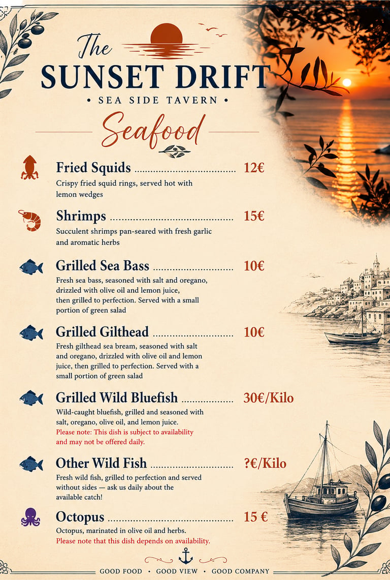 Seafood menu for The Sunset Drift Tavern by John’s Guesthouse, featuring grilled sea bass, grilled g