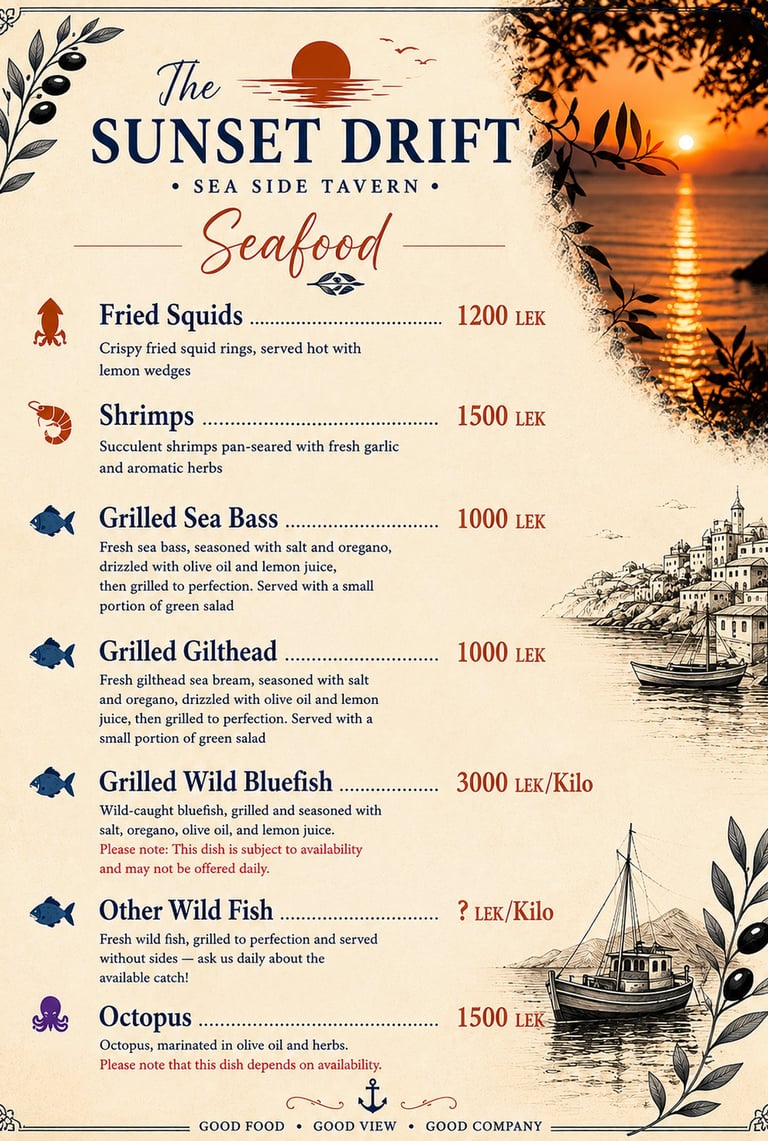 Seafood menu for The Sunset Drift Tavern by John’s Guesthouse, featuring grilled sea bass, grilled g