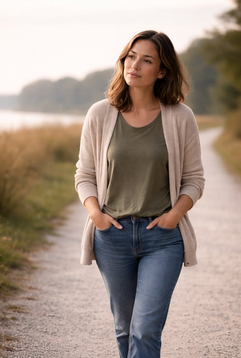 A woman walking on a park path wearing a tan cardigan, green shirt, and blue jeans.