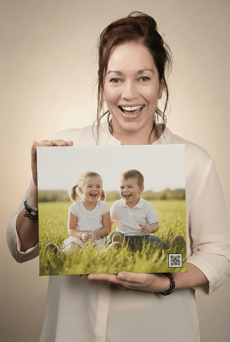a woman holding a photo of a photo of a family with a keepsakesQR.com QR code