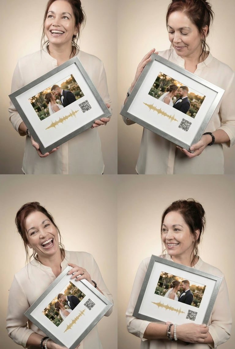 a woman holding a picture frame with a keepsakesQR.com QR code with a picture of a man and woman