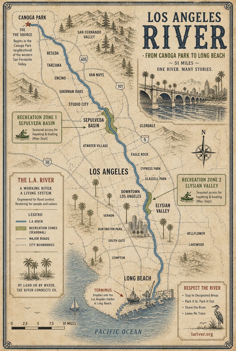 Map of the LA River from Canoga Park to Long Beach, showing neighborhoods and landmarks.
