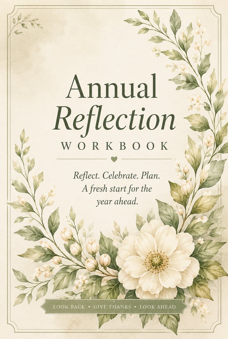 Annual Reflection Workbook cover featuring elegant watercolor floral illustrations and botanical leaves.