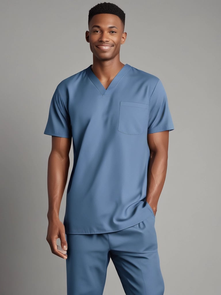 A person wearing a blue medical scrub top and a face mask. The scrub has a badge or ID clipped to the pocket. The background shows a clear sky.