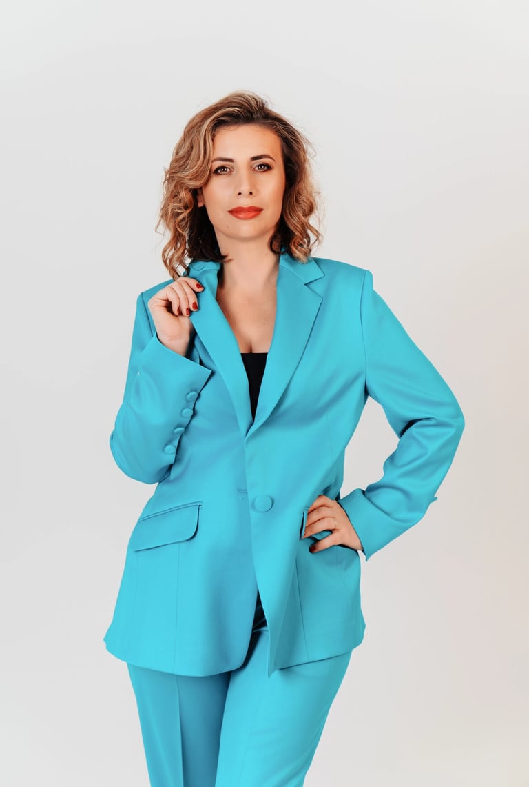 An expert in tailoring and clothing repair, a professional seamstress in a stylish turquoise suit, c