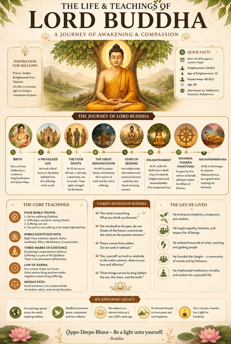 Educational infographic depicting The Life and Teachings of Lord Buddha with a journey timeline and core Buddhist principles.