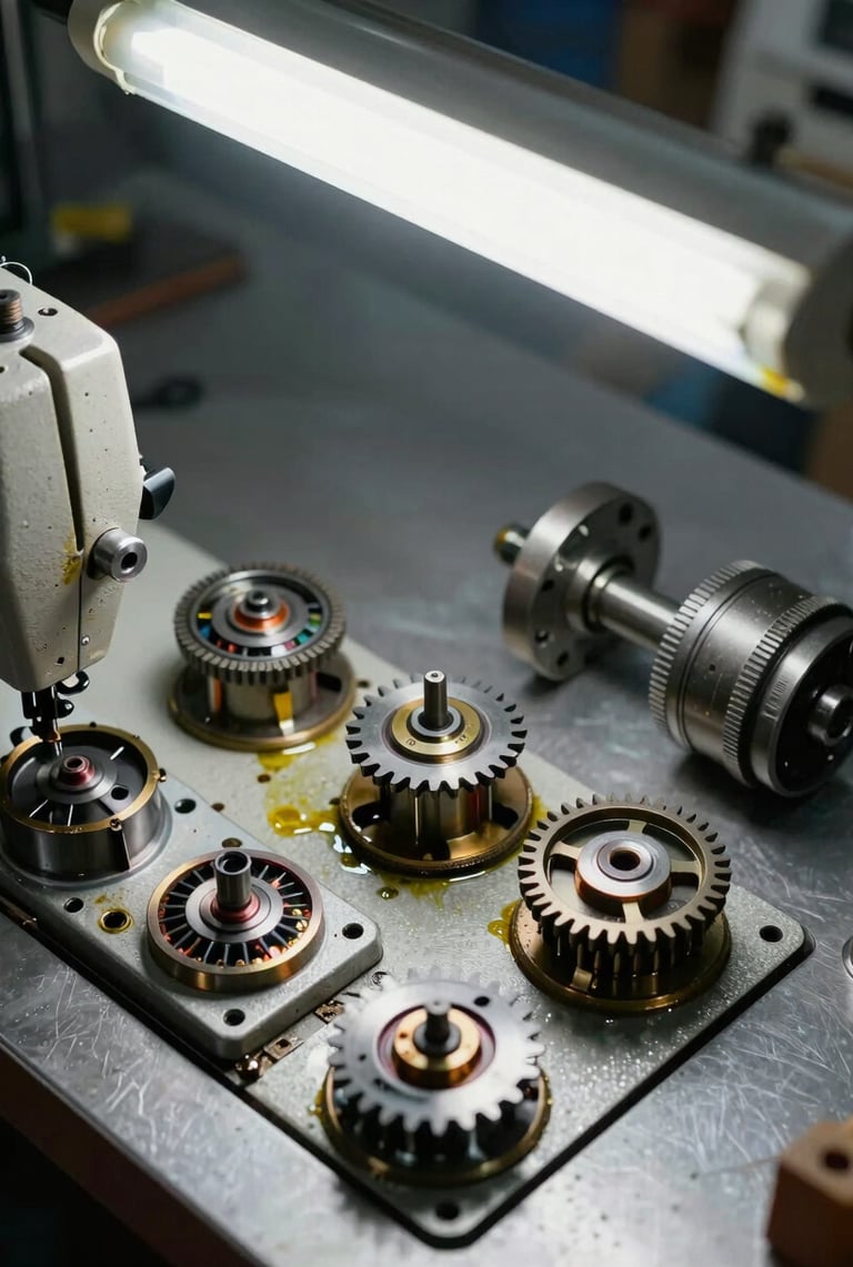 Extreme close-up overhead shot of a disassembled commercial sewing machine bobbin housing and timing assembly on a steel workshop bench, individual components laid out with mechanical precision, shop fluorescent light from above, oil residue and wear marks visible on metal surfaces