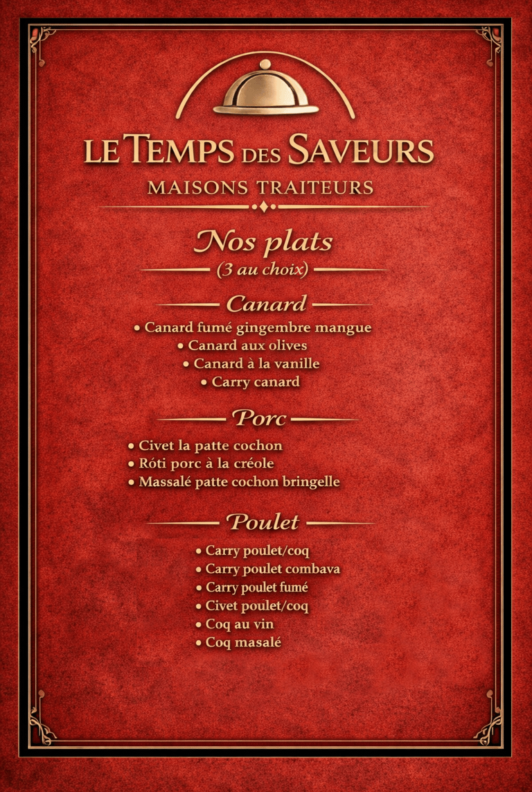 Menu plats traiteur Le Temps des Saveurs